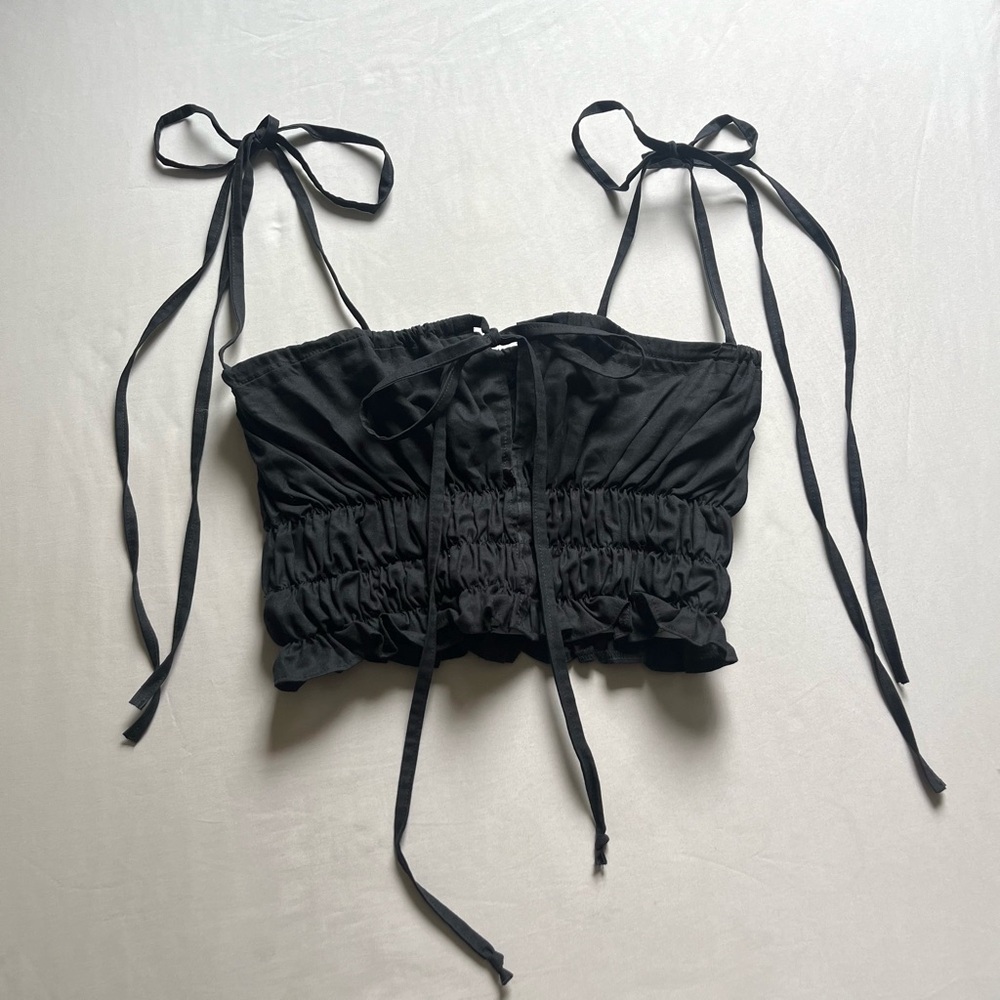 MAYA MEYER black linen ruched smocked tie front cropped blouse tank top
